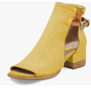 FSJ Lemon Yellow Peep Open Toe Cut Out Buckle Stacked Block Low Heel Ankle Boot